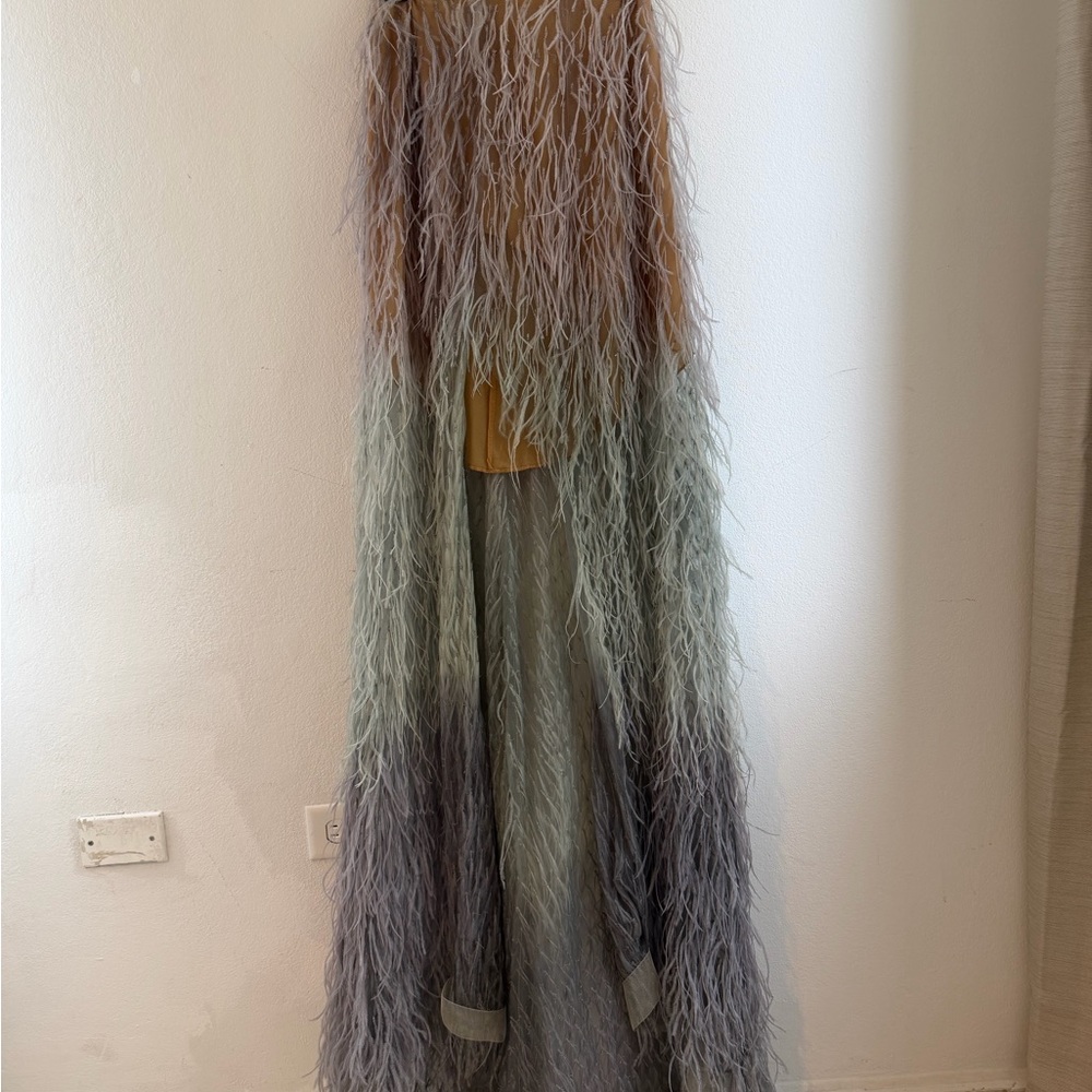 Chic Feathered Maxi Skirt in Tan and Gray
